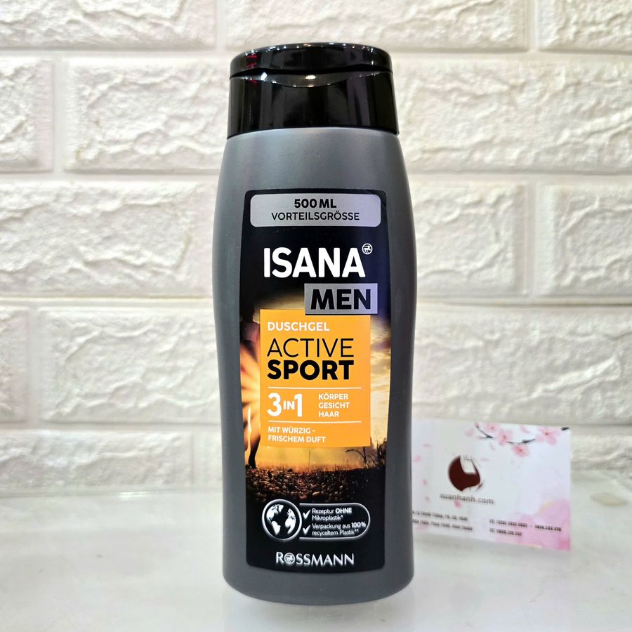 Tắm gội nam Isana Men 3in1 Active Sport hương thơm mạnh mẽ, lưu hương lâu - Hàng nội địa Đức 500ml