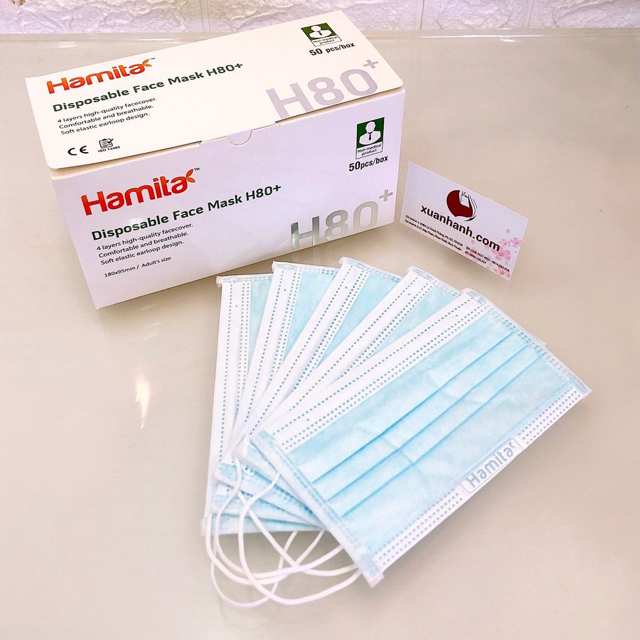 Khẩu trang y tế kháng khuẩn Hamita 4 lớp, chuẩn y khoa, hộp 50 cái, xanh.